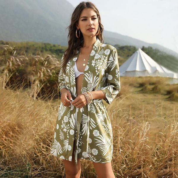 

fashion women chiffon kimono cardigan leaves printed three-quarter sleeve detachable sashes loose casual beach boho cardigans women's s, White;black