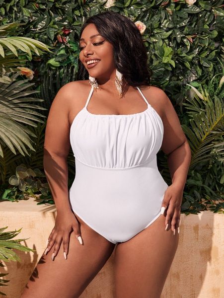 

plus halter ruched one piece swimsuit u9dy#, Black