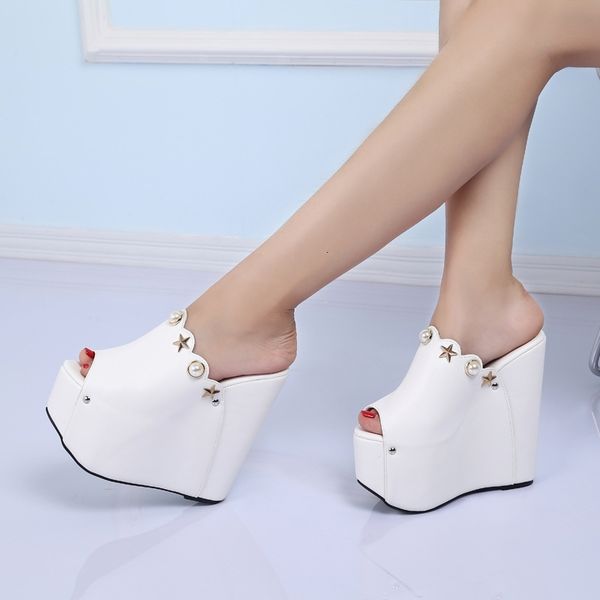 

sandals stan shark women's wedge fish toe super high heel slope heels slippers drill 16cm ladies shoes yxu9, Black