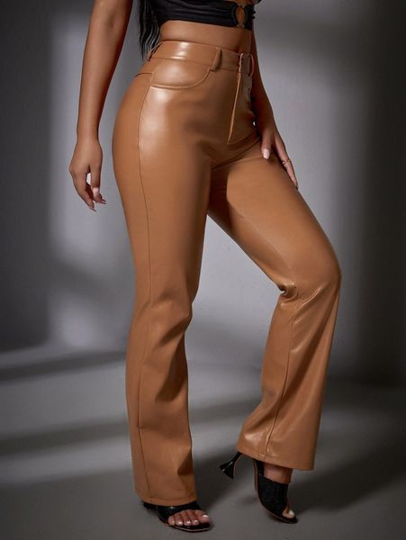 

high waist pu leather straight leg pants 25dc#, Black;white