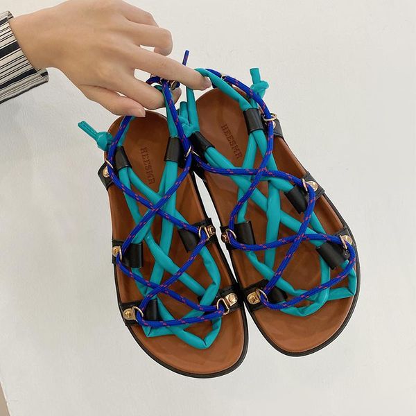 

sandals 2021 retro women cross rope fashion summer outdoor beach shoes rome vintage casual platform ladies chunky flats, Black