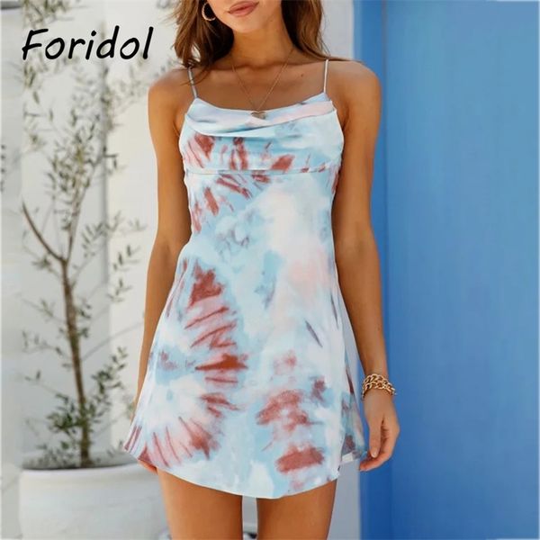 Foridol Dropped Neck Tie-dyed Satin Party Kleid Frauen Sexy Kurze Seide Blau Club Mini Kleid Spaghetti Strap Strand sommerkleid 210415