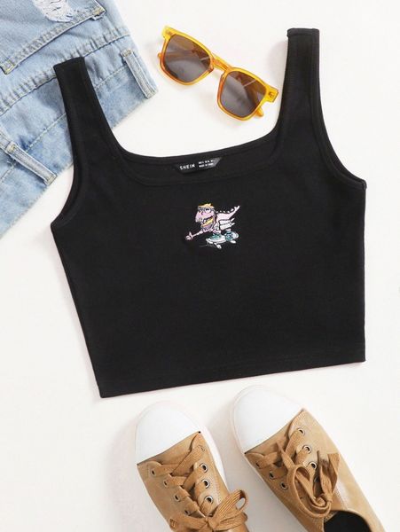 

dinosaur embroidered rib-knit tank 11cc#, White