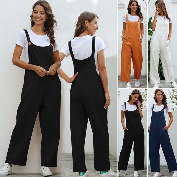 

gym clothing women casual loose jumpsuit autumn solid strap wide leg pants dungaree bib overalls sleeveless oversized cotton linen jumpsuits, White;black