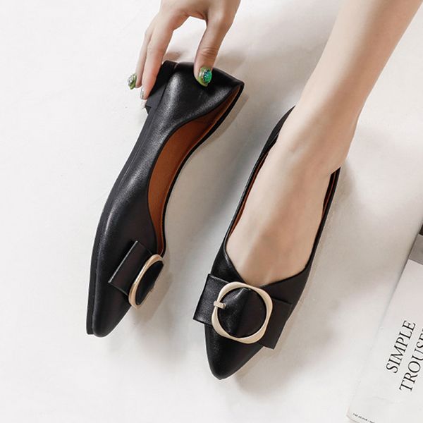 

dress shoes brief metal buckle loafers womens flats single shallow mouth solid leather ballet girls soft comfy work ladies rhwy, Black