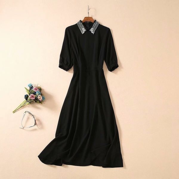 

dress elegant party women's spring summer women crystal beading turn-down collar 3/4 sleeve mid-calf length red black dress, Black;gray