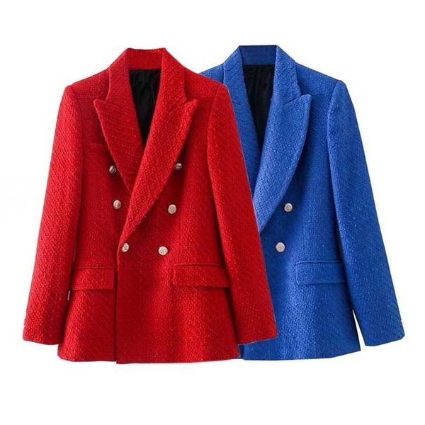 TRAF Woman Blazer Za Blue Women Tweed Jacket Manga Comprida Duplo Peito Vermelho Vintage Office Elegante 211122