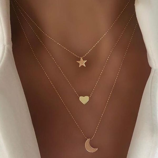

pendant necklaces women layered love moon star choker necklace summer simple heart-shaped chain 2021 fashion jewerly am3049, Silver