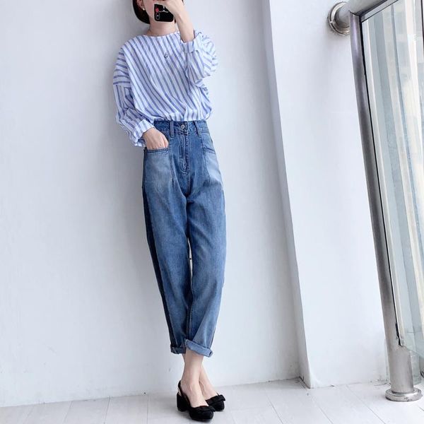 

women's blouses & shirts cotton irregular shirt o-neck long-sleeve ladies office wrok pullover female stripes and, White