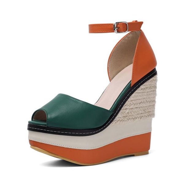 

women sandalias mujer 2021 summer ladies wedges high multicolor patchwork fish mouth roman party shoes heels 14cm 888-1 sandals, Black