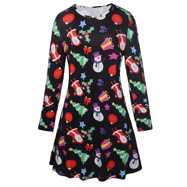 

christmas dress print dress up girl long-sleeved round neck autumn and winter women's clothing, Black;gray