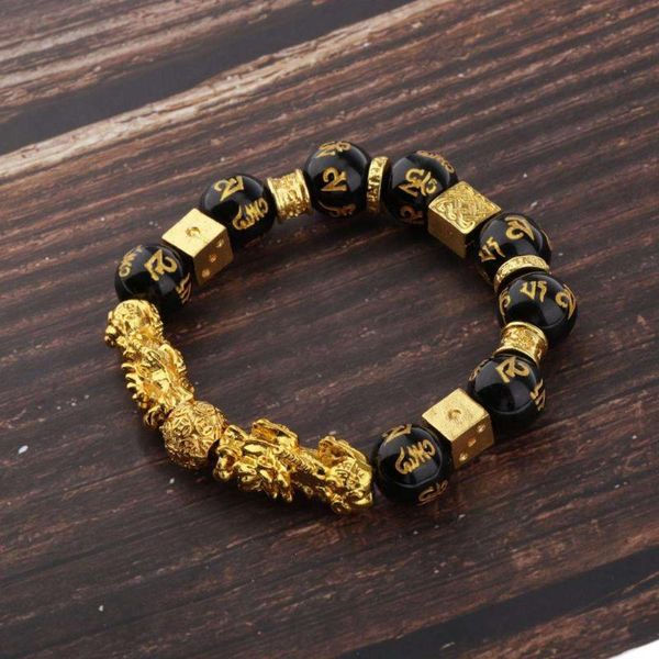 Braccialetti con ciondoli Bracciale rigido con perline di ossidiana doppio Pi Xiu, braccialetto rotondo elasticizzato per donne e ragazze