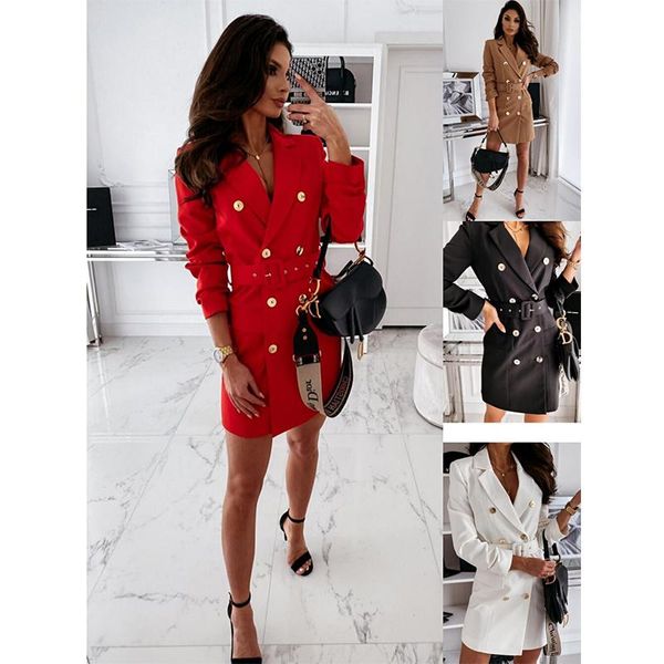 

women's trench coats fashion style long sleeve lapel belt solid color double breasted suit dress jacket women ol, Tan;black
