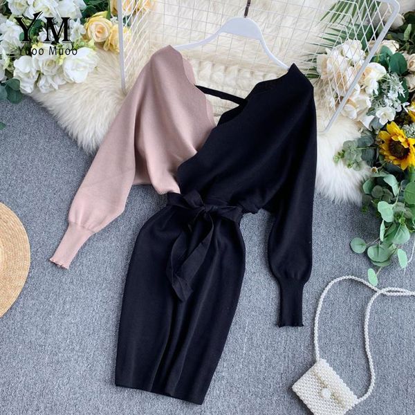 

2021yuoomuoo elegant sashes v neck knit dress women 2021 backless autumn long sleeve sweater dress ladies bodycon short dress, Black;gray