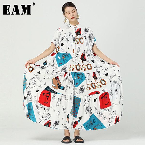 

casual dresses [eam] women white pattern printed long big size dress stand collar short sleeve fashion tide spring summer 2021 1dd968, Black;gray