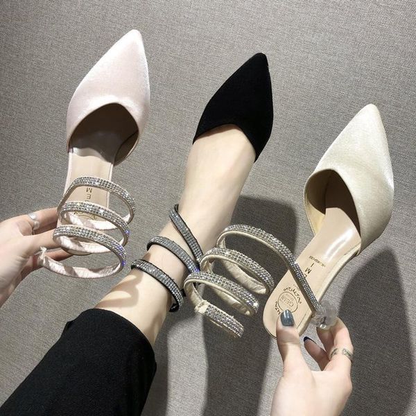 

sandals elegant women flock pointed close toe shallow summer serpentine twine crystal gladiator transparent strange heel, Black