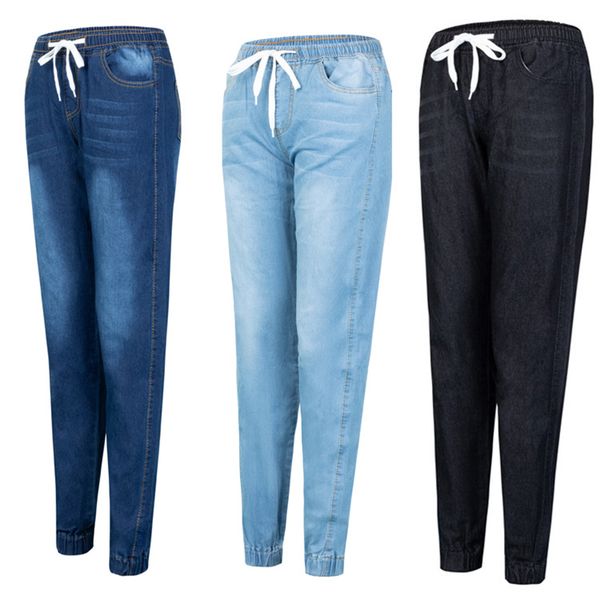 

ladies pants women jeans denim trousers mid waist bleached sashes straight drawstring striped tiered pocket breathable stretch skinny leggin, Blue