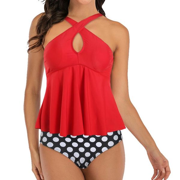 

dot print plus size ruffle hem tankini women 2021 criss-ctoss neck push up bikini swimsuit large swimwear beach swim suit one-piece suits