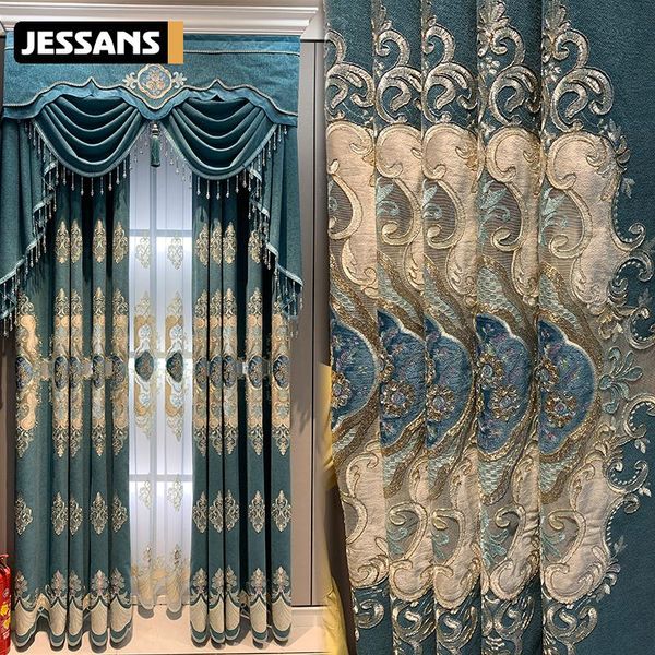 

curtain & drapes luxury atmosphere hollow embroidery blue chenille curtains for living room bedroom blackout customization