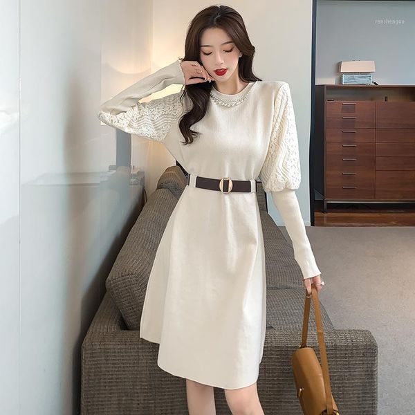 

casual dresses 2021 autumn winter korean style ladies temperament beaded lace stitching long sleeve knitted sweater dress, Black;gray