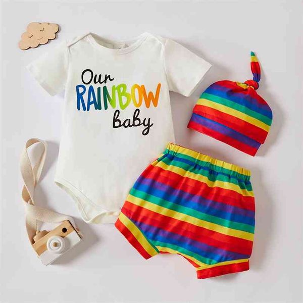 Verão 3 Pcs Bebé Boy Rainbow de Manga Curto Algodão Romper Shorts Spring Sets 210528