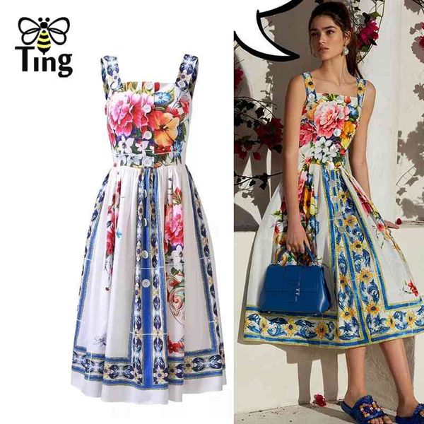 

vintage elegant strap floral print midi long dress button decor summer street casual chic a line runway designer 210513, Black;gray