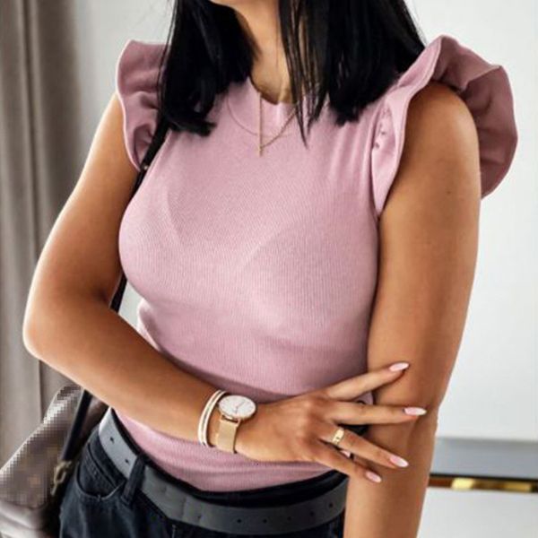 

women's t-shirt sleeveless ruffled women shirts black white o-neck slim summer female t-shirt streetwear solid casual ladies t-shi