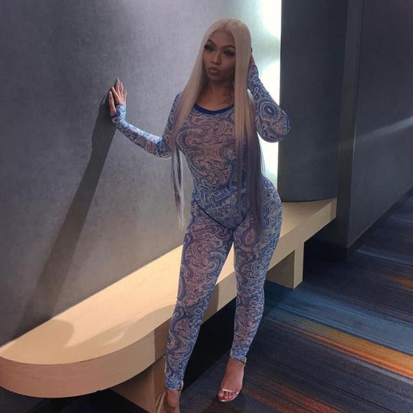 

mesh transparent two piece set women print fashion 2021 skinny outfits long sleeve bodysuit and pants sets new, Black;white