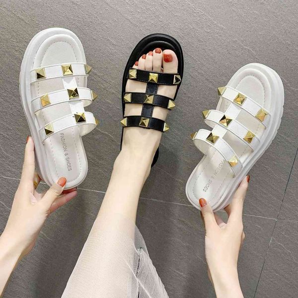 

slope heel high-heeled sandals women summer new fashion wear rivet thick bottomed open toe slippers students beach shoes zlh, Black