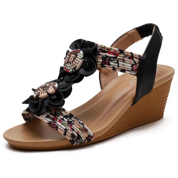 

retro lady open toe flower t strap high wedges sandals bohemia platform women summer shoes woman dress, Black
