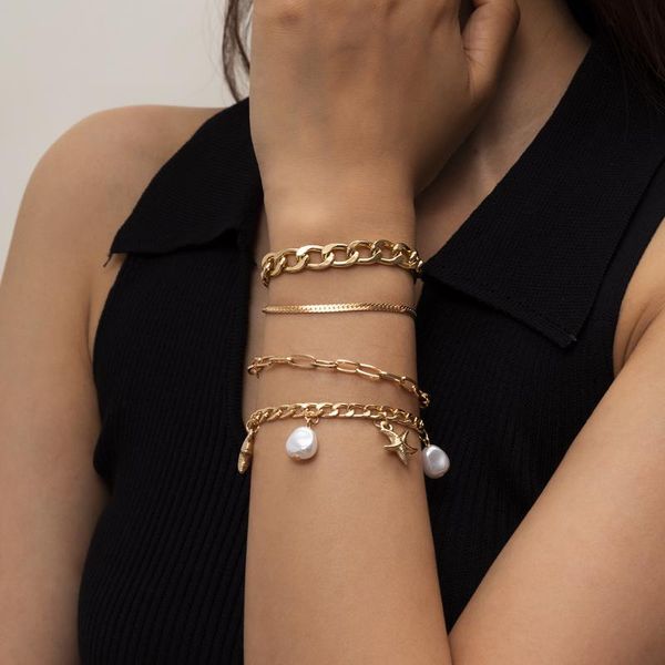 

link, chain vintage gold silver color multi-layer pearl star pendant bracelets set for women bohemian charm bracelet diy boho beach jewelry, Black
