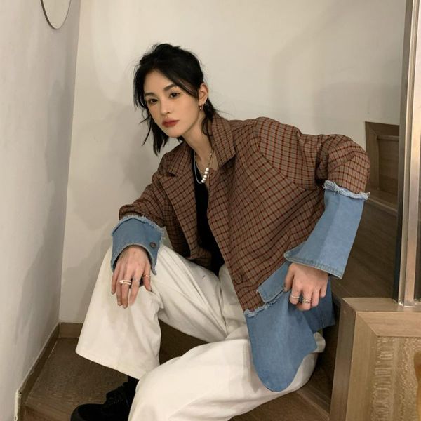 

women's suits & blazers superaen streetwear suit coat 2021 spring autumn style notched single breasted denim patchwork pockets jacket, White;black