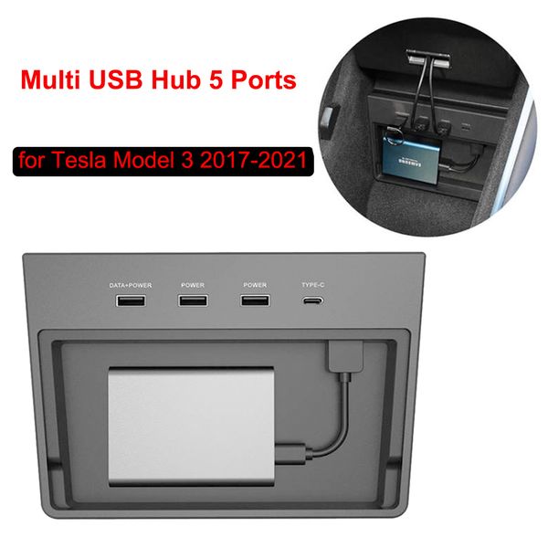 USB-концентратор для Tesla Model 3 Y Беспроводная зарядка 5 портов SSD Дискового хранения Центр консоли Комплект автомобильных аксессуаров Pad Type-C разъем