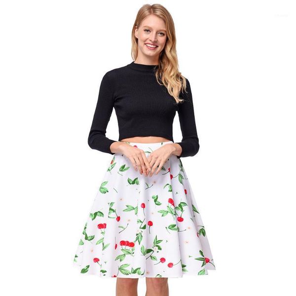 

skirts 2021 spring and summer women's wild back zipper skirt retro cherry print pleated, Black