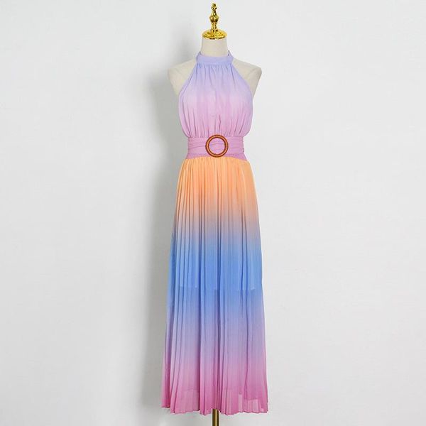

casual dresses women halter summer maxi beach dress chiffon colorblock sleeveless high waist belt pleated long holiday, Black;gray