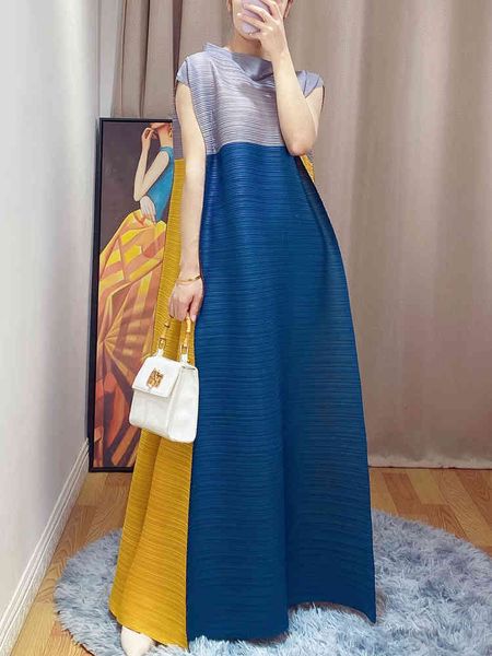 

casual dresses miyake pleated color matching long dress spring summer high style loose large size stand-up collar 3bl6, Black;gray