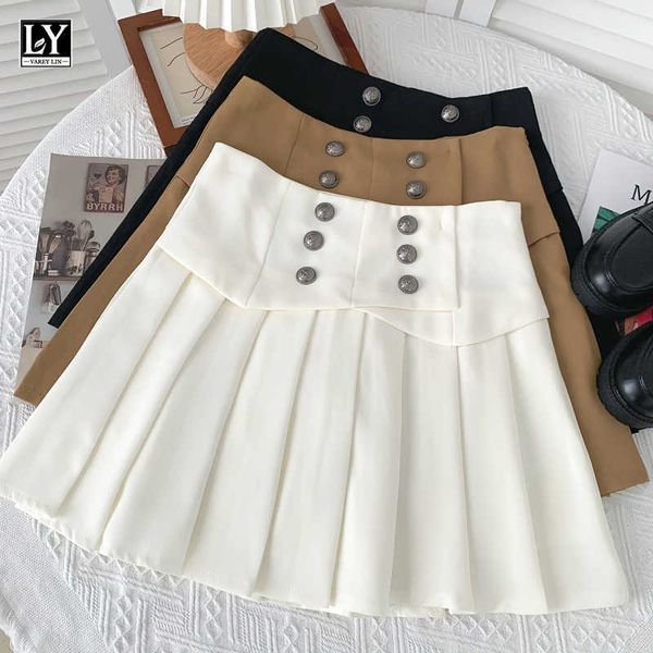 

ly varey lin summer women sweet solid color double-breasted pleated suit skirts casual high waist buttons mini 210526, Black