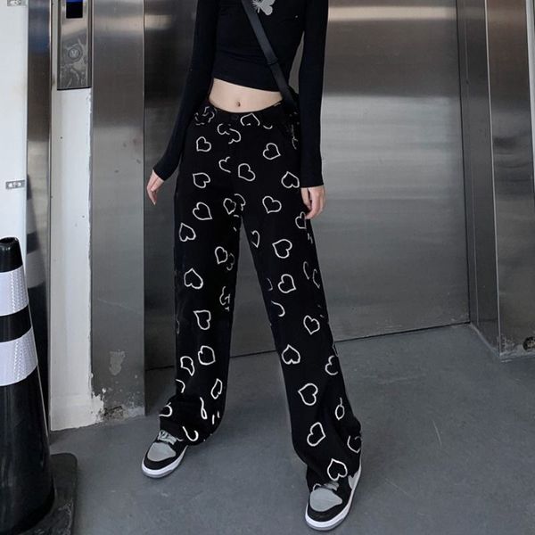 

hip hop wide leg pant vintage korean style trousers women fashion 2021 spring harajuku heart print women pants, Black;white