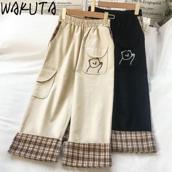 

women's pants & capris wakuta cute bear embroidery teens straight japanese casual pockets cuffs trousers harajuku chic loose, Black;white