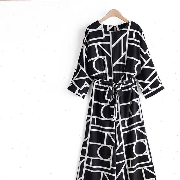 

vintage geometric print casual womens jumpsuits siamese bow sashes wide leg conjoined pants chic kimono p603, Black;white