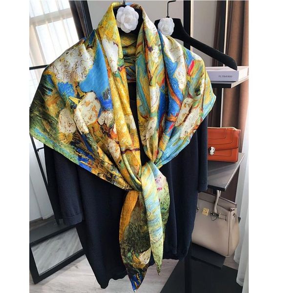 

scarves oil painting 100% satin silk scarf shawl square soft smooth quality hand rolled edges, Blue;gray