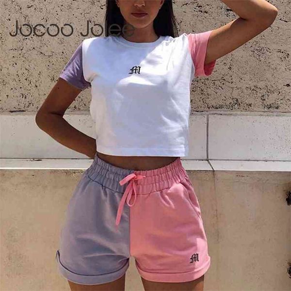 

women summer casual loose and patchwork color pants two piece sets o-neck tee elastic waist sport style 210416, White