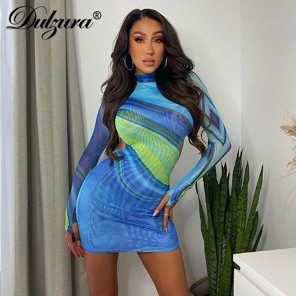 

casual dresses dulzura tie dye print women mesh backless long sleeve mini dress bodycon see through sheer party club 2021 summer y2k, Black;gray