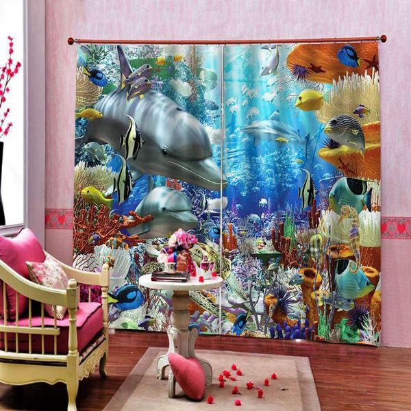 

curtain & drapes underwater world sea style fish dolphin coral polyester fabric blackout for children's room bedroom decor sets