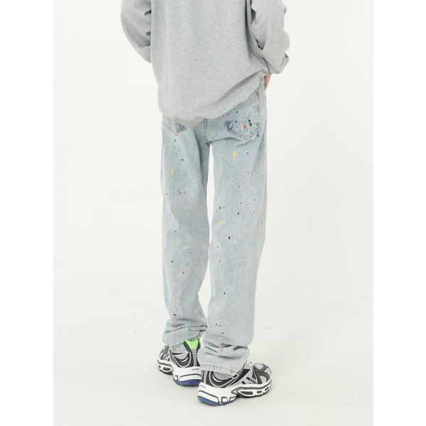 

men's jeans 2021 men splashed paint loose straight leg long japanese&korean hip hop style vintage 90s denim, Blue