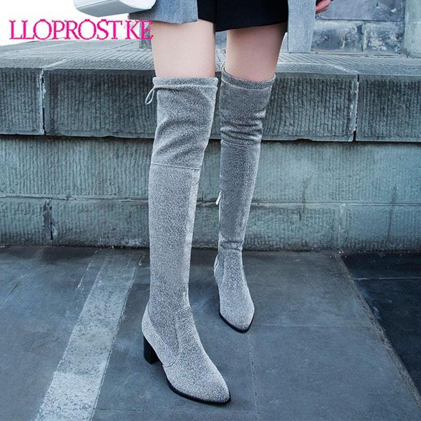 

boots lloprost ke size 34-43 women winter high warm fur silver blue strength over the knee thick heel, Black