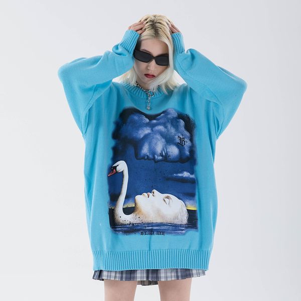 

sweaters sweater original blue sky graphic designer winter women's clothes 2021 large dimensions long sleeve sleeves gothic streetwear, White;black
