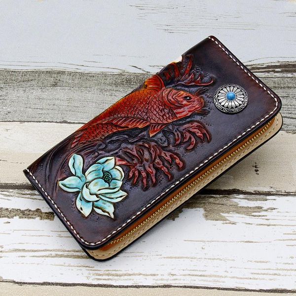 

wallets hand-carved cryprinus carpiod turquoise design bag purses men long clutch vegetable tanned leather engraving, Red;black