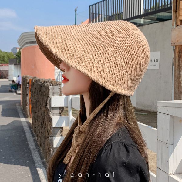 

female xia big brim sun hat bandage lori cover face breathable straw solid color fisherman's hat, Blue;gray