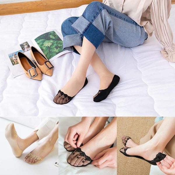 

socks & hosiery 1 pair woman boat thin lace non-slip invisible summer solid elastic comfy sock breathable, Black;white